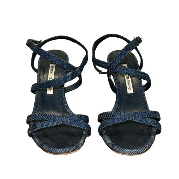 Manolo Blahnik Denim Crossover Heels - Picture 2 of 11